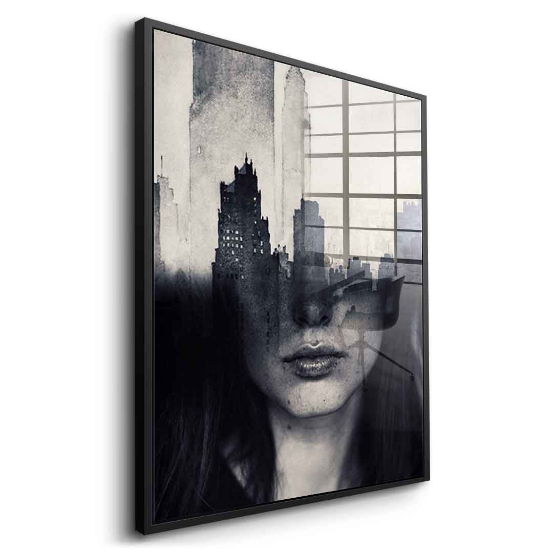 DOTCOMCANVAS® Mind game Acrylglasbild – Seitenansicht schwarzer Rahmen