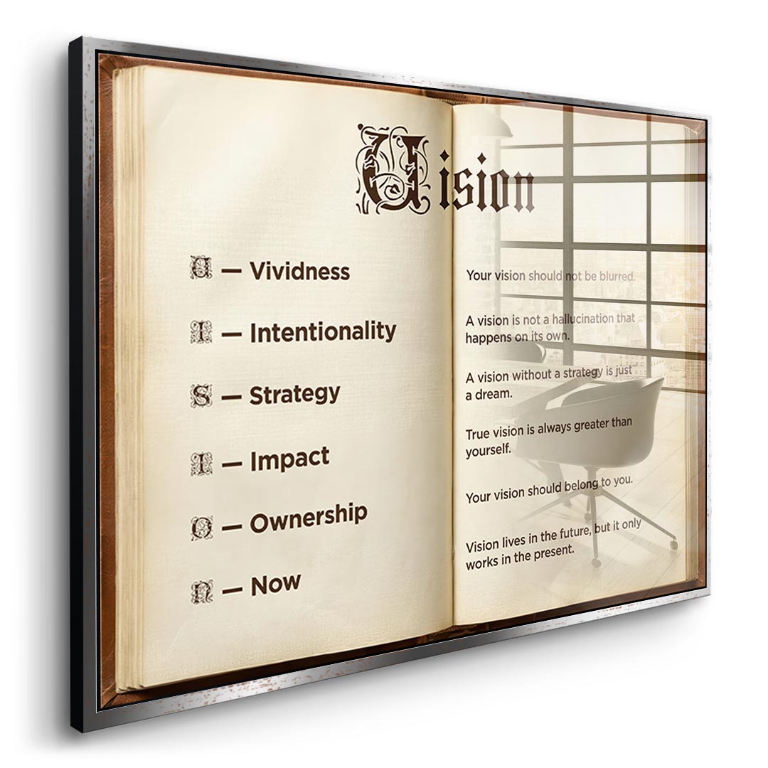 DOTCOMCANVAS® Vision Book Acrylglasbild – Seitenansicht goldener Rahmen