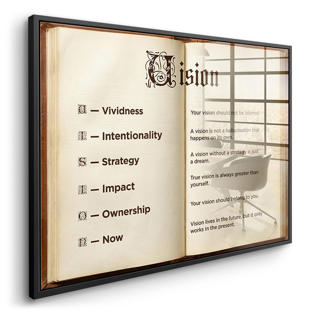 DOTCOMCANVAS® Vision Book Acrylglasbild – Seitenansicht schwarzer Rahmen
