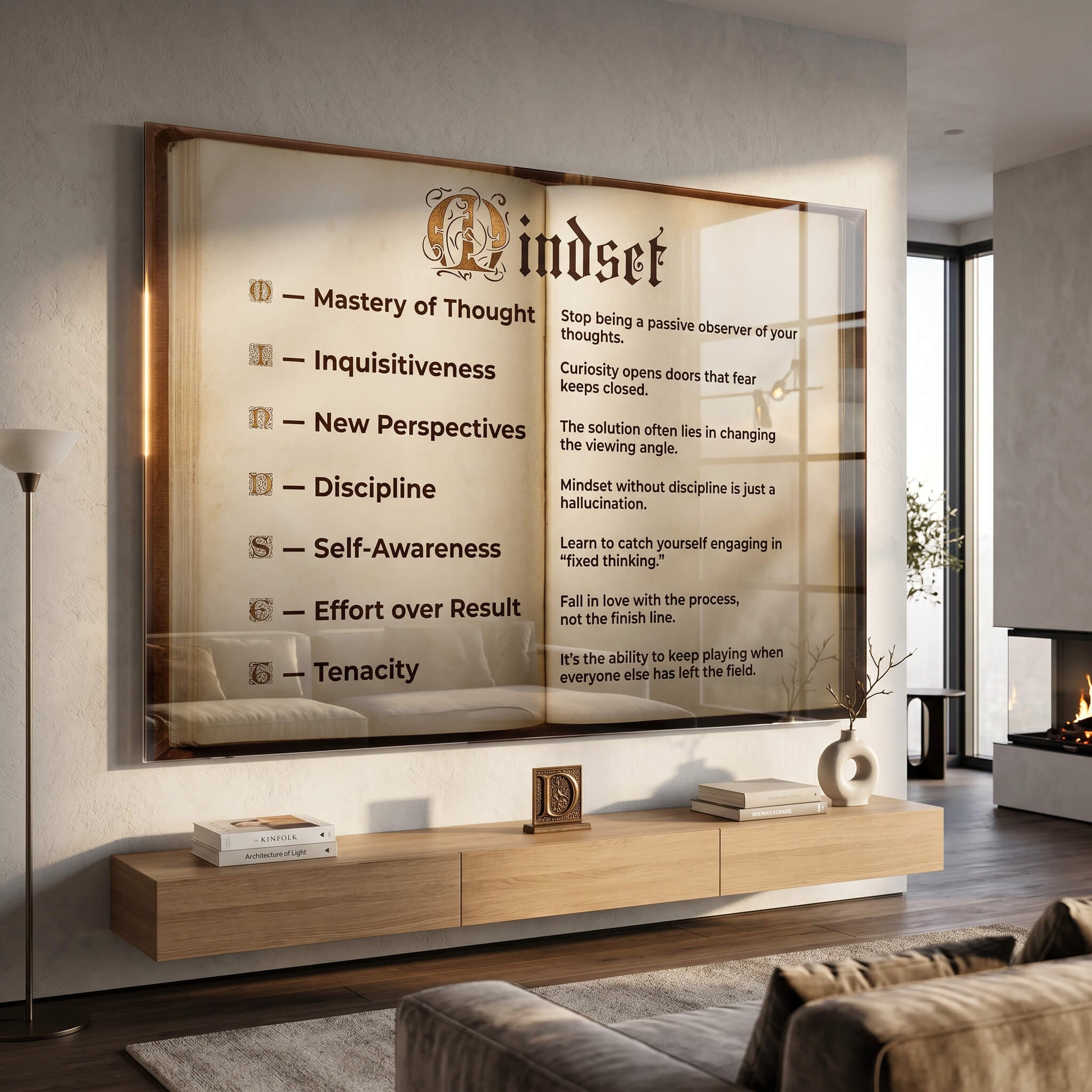 DOTCOMCANVAS® Mindset book Acrylglasbild – im Raum