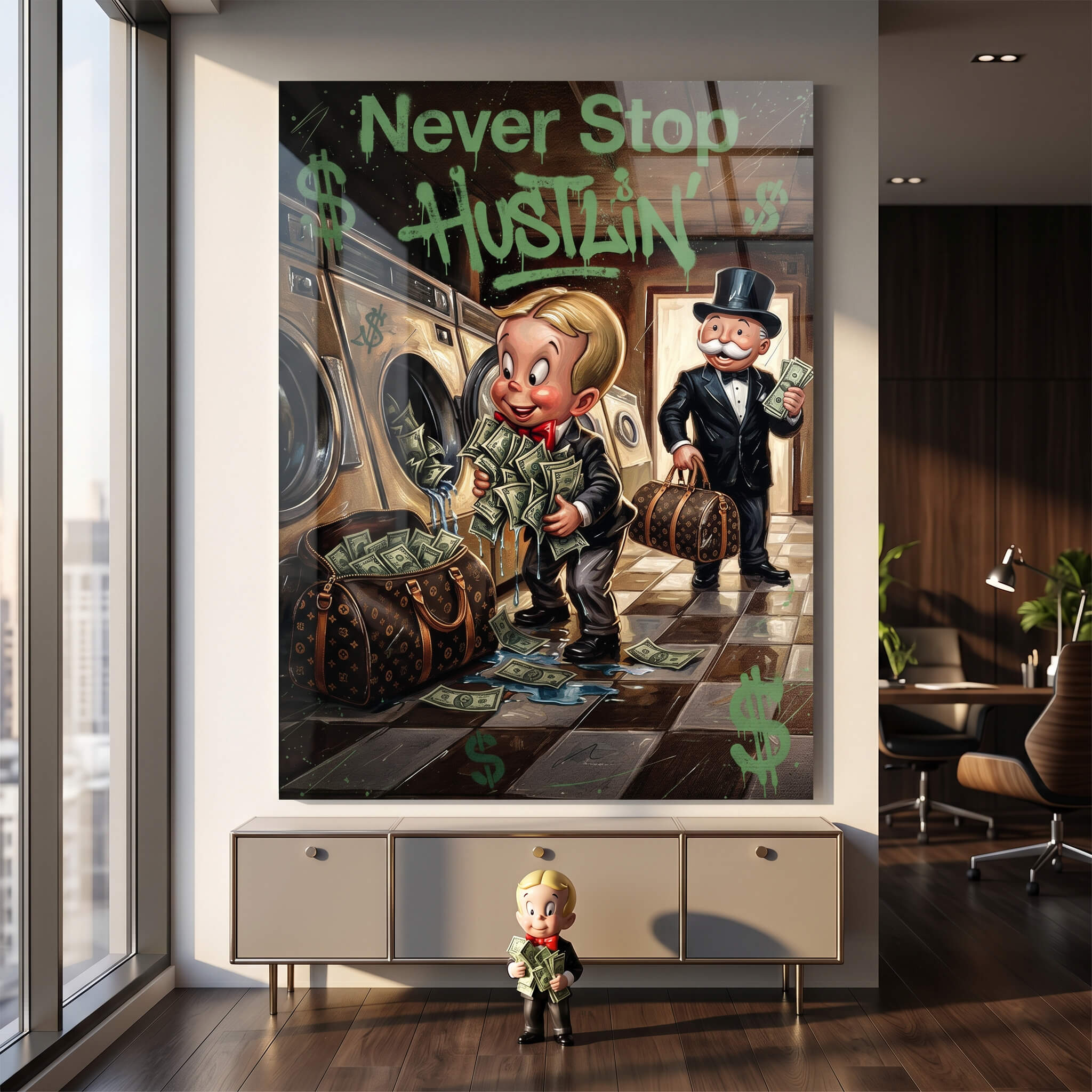 DOTCOMCANVAS® Never Stop Hustlin Acrylglasbild – im Raum