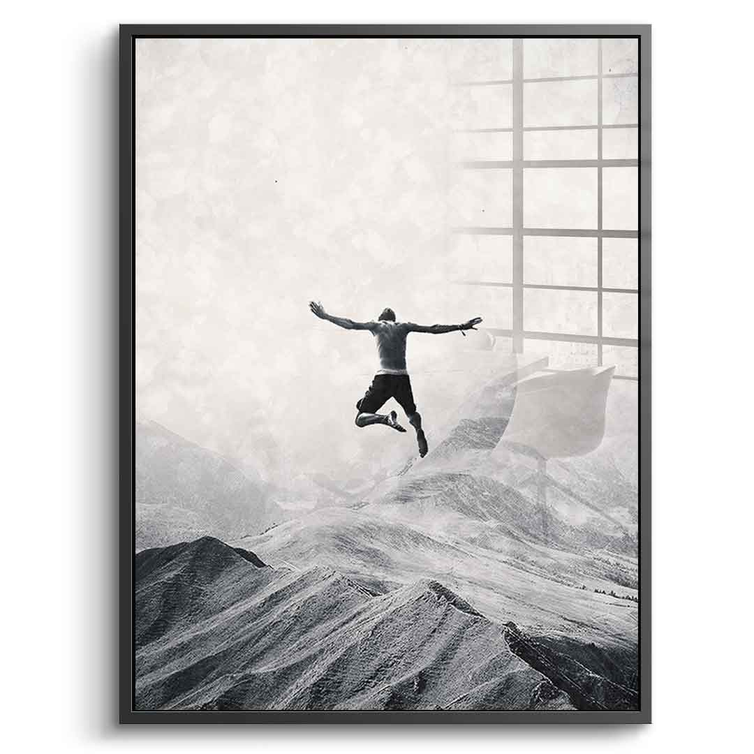 DOTCOMCANVAS® Jump in with both feet Acrylglasbild – Vorderansicht silberner Rahmen