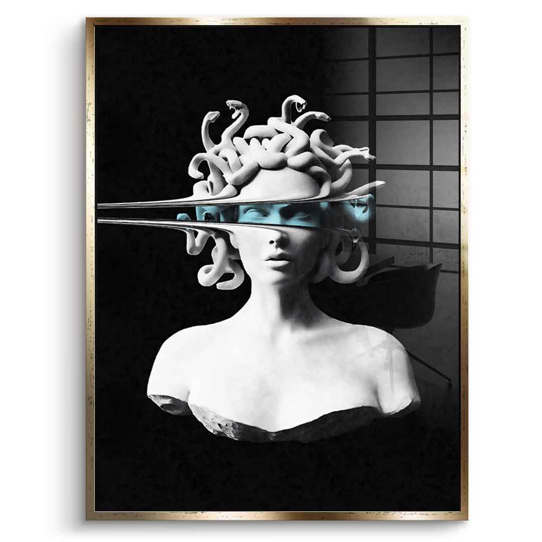 DOTCOMCANVAS® Portrait of Medusa Acrylglasbild – Vorderansicht goldener Rahmen