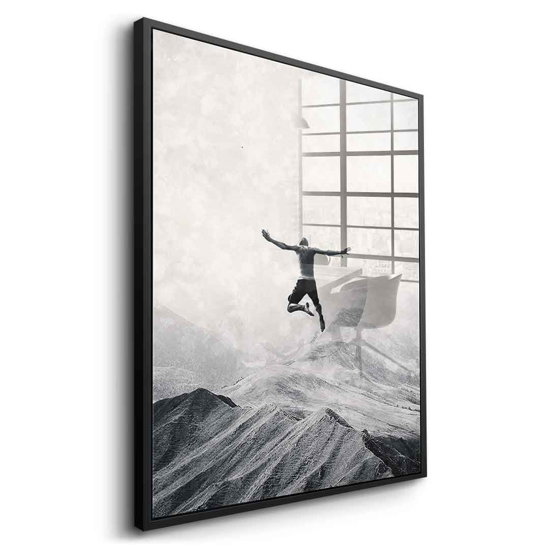 DOTCOMCANVAS® Jump in with both feet Acrylglasbild – Seitenansicht schwarzer Rahmen