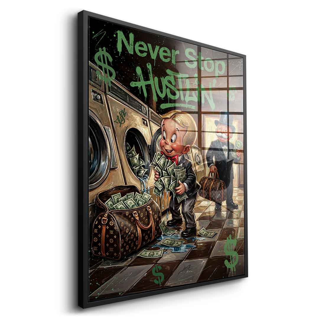DOTCOMCANVAS® Never Stop Hustlin Acrylglasbild – Seitenansicht schwarzer Rahmen