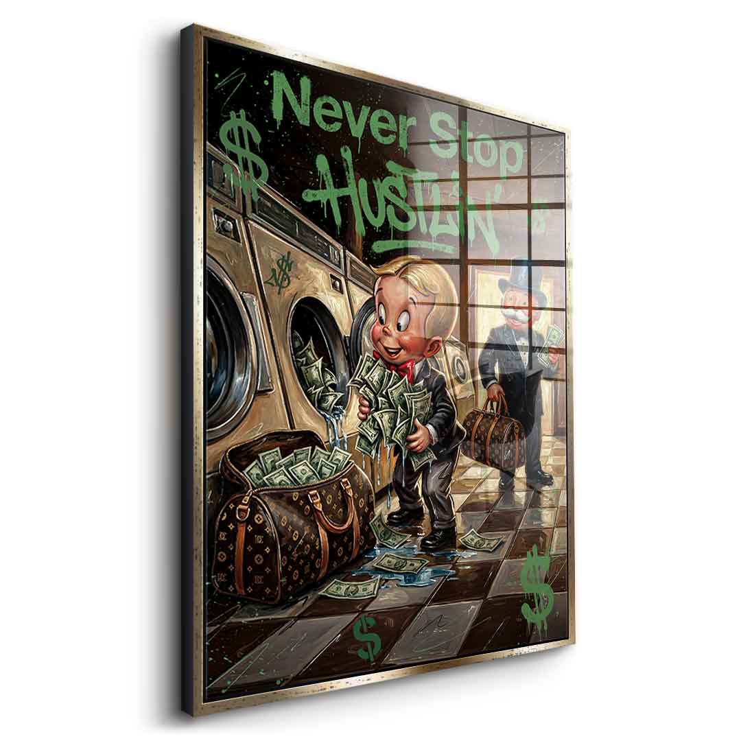 DOTCOMCANVAS® Never Stop Hustlin Acrylglasbild – Seitenansicht silberner Rahmen