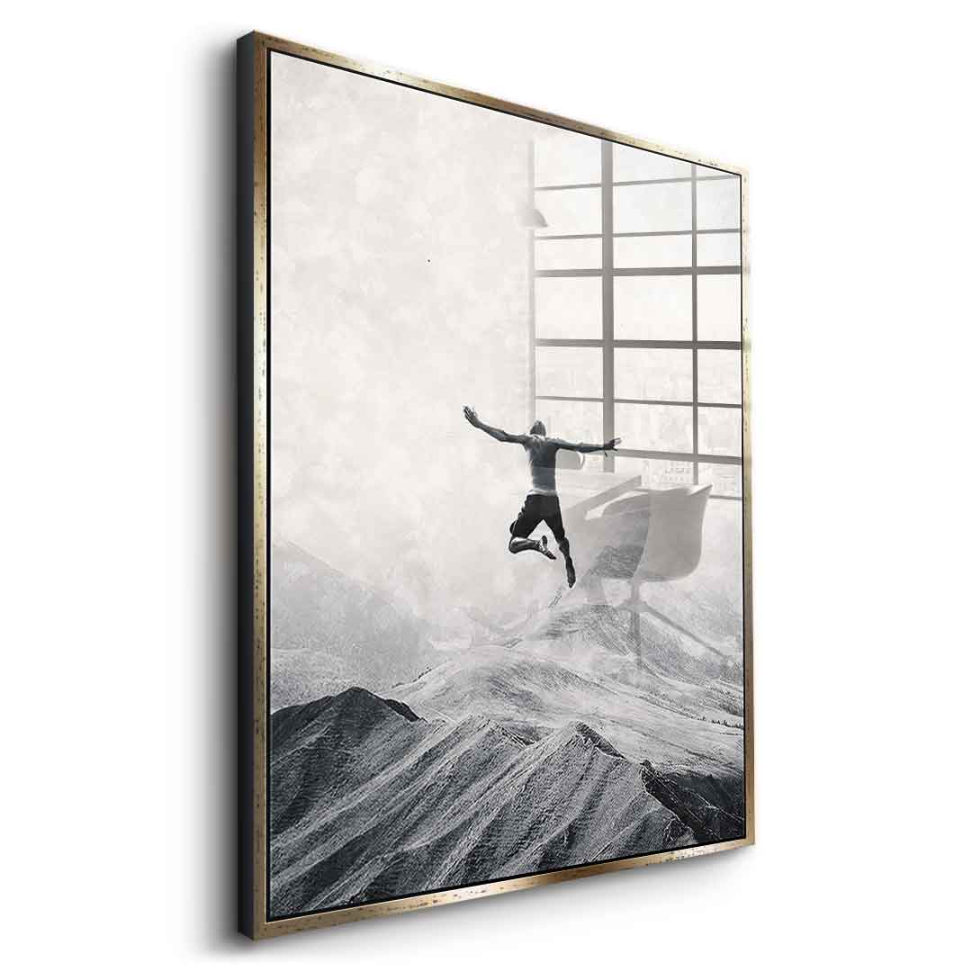 DOTCOMCANVAS® Jump in with both feet Acrylglasbild – Seitenansicht silberner Rahmen