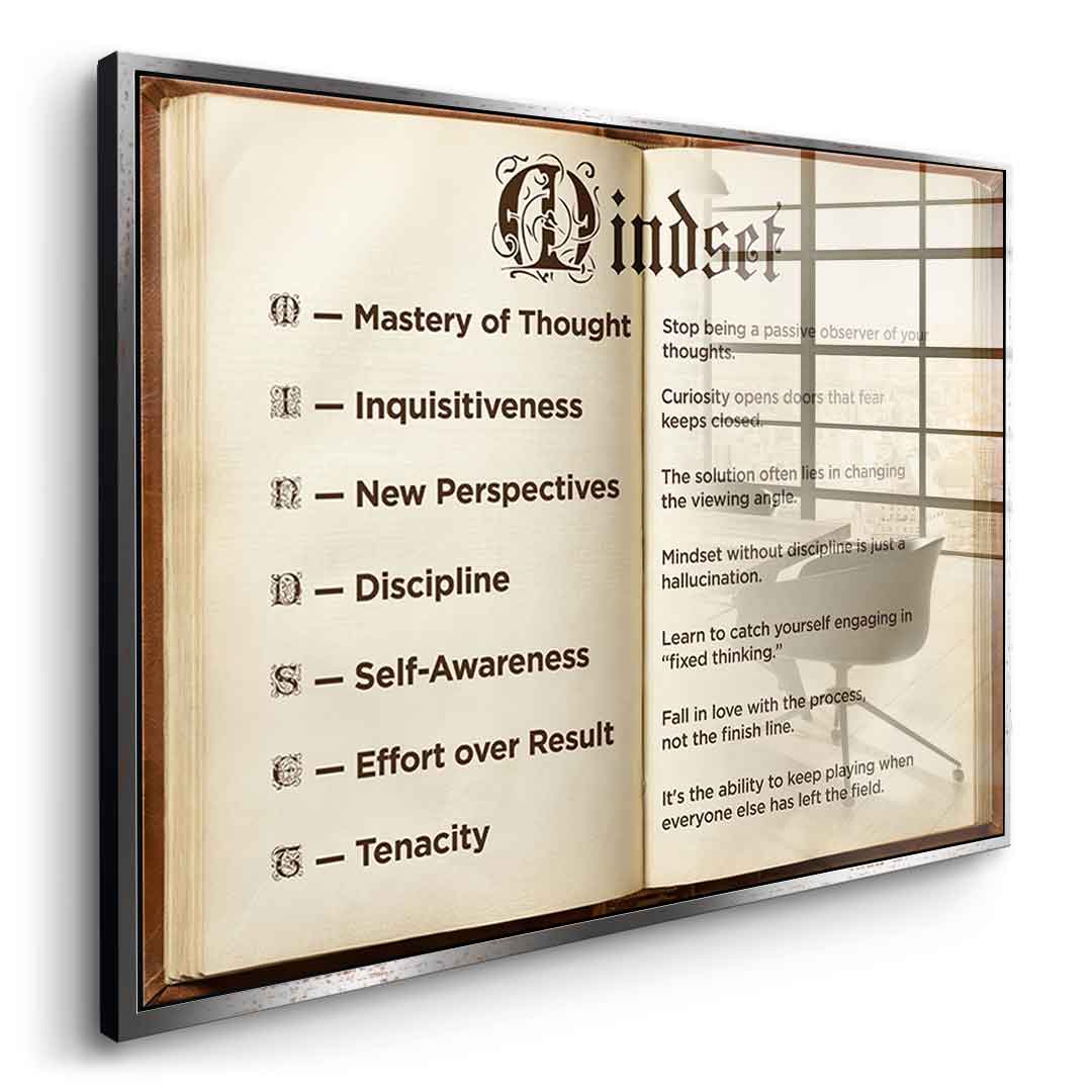 DOTCOMCANVAS® Mindset book Acrylglasbild – Seitenansicht goldener Rahmen