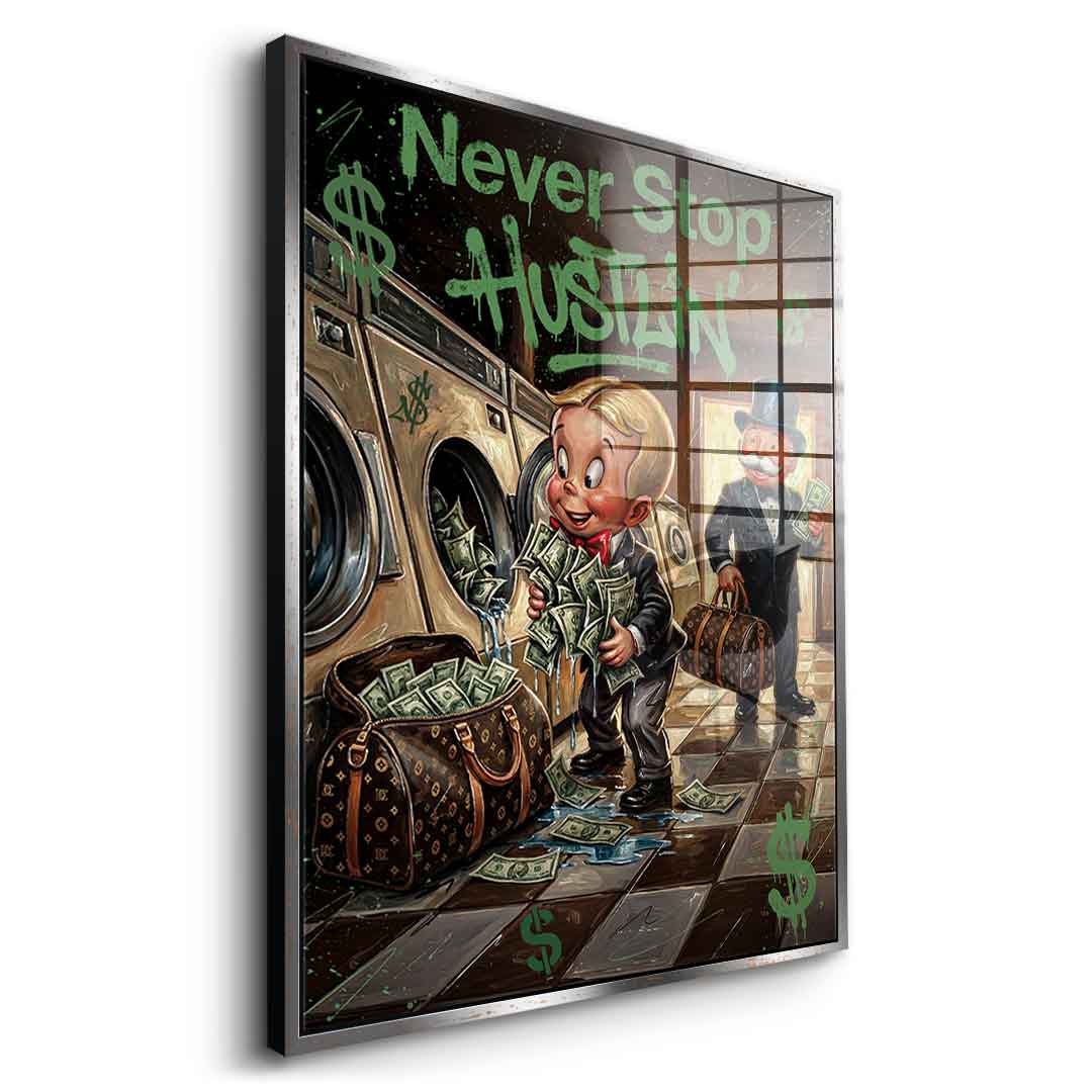 DOTCOMCANVAS® Never Stop Hustlin Acrylglasbild – Seitenansicht goldener Rahmen