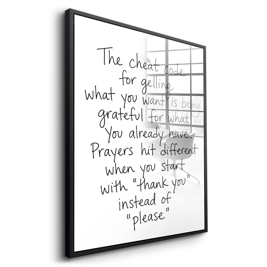 DOTCOMCANVAS Cheat Code Acrylglasbild Seitenansicht schwarzer Rahmen