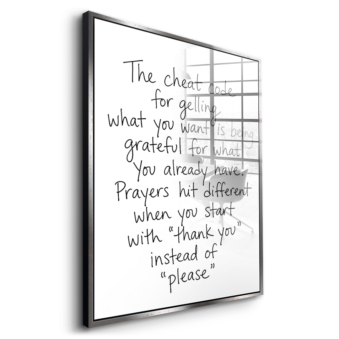DOTCOMCANVAS Cheat Code Acrylglasbild Seitenansicht silberner Rahmen