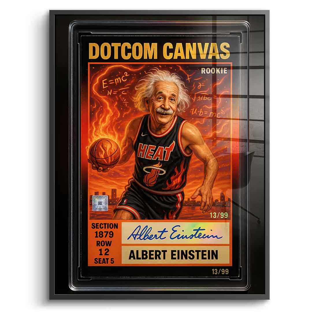 DOTCOMCANVAS Albert Einstein Basketball Card Pop Art Wandbild Acrylglasbild Frontansicht mit schwarzem Rahmen