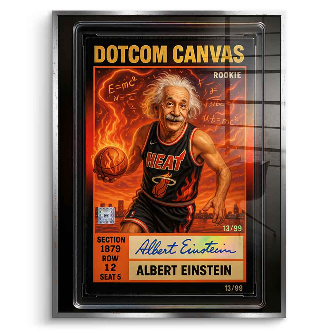 DOTCOMCANVAS Albert Einstein Basketball Card Pop Art Wandbild Acrylglasbild Frontansicht mit silbernem Rahmen