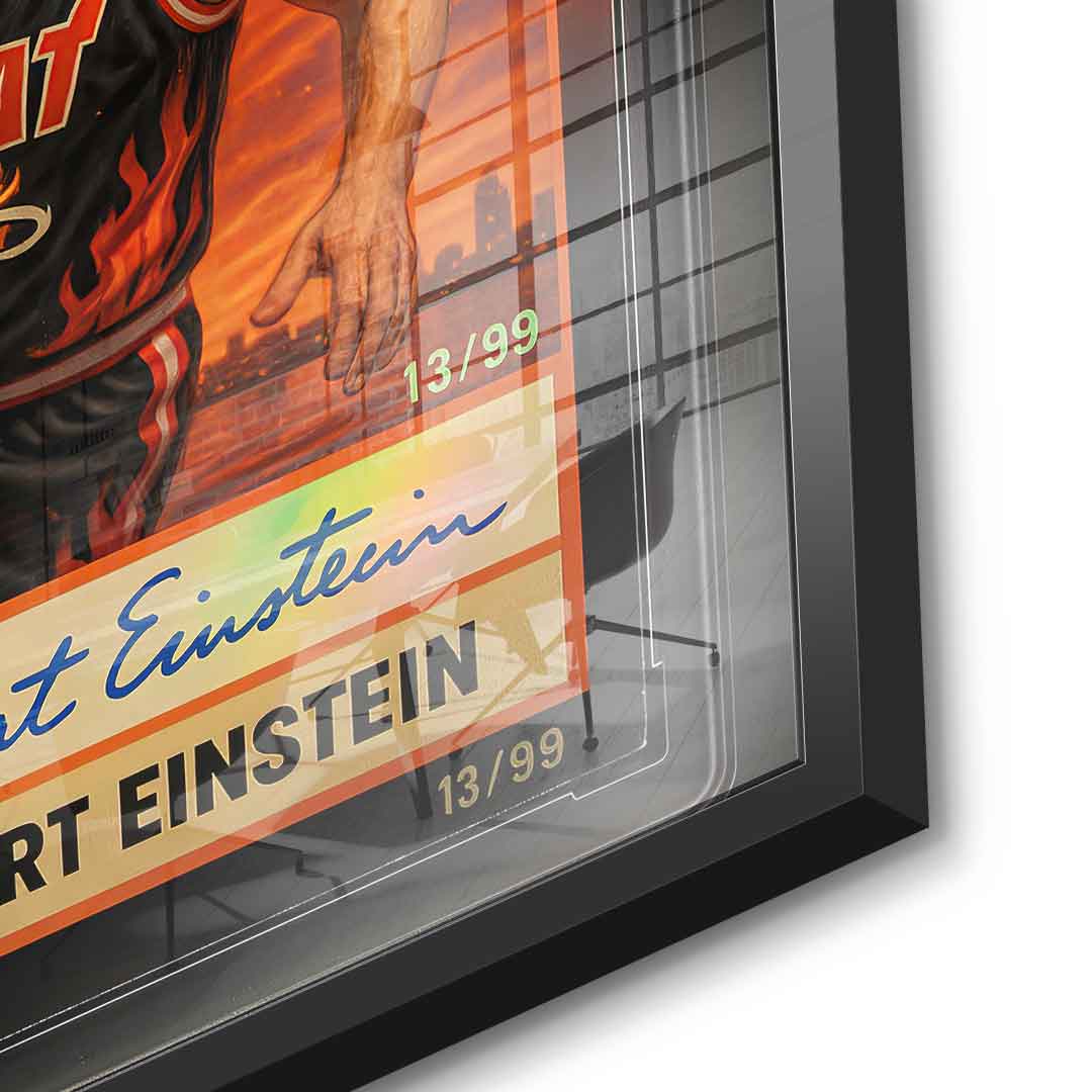 DOTCOMCANVAS Albert Einstein Basketball Card Pop Art Wandbild Acrylglasbild Detailansicht schwarzer Rahmen