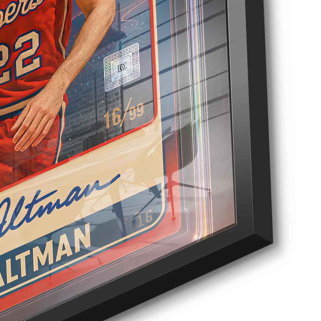 DOTCOMCANVAS Sam Altman Basketball Card Acrylglasbild Detailaufnahme mit Schwarz-Rahmen