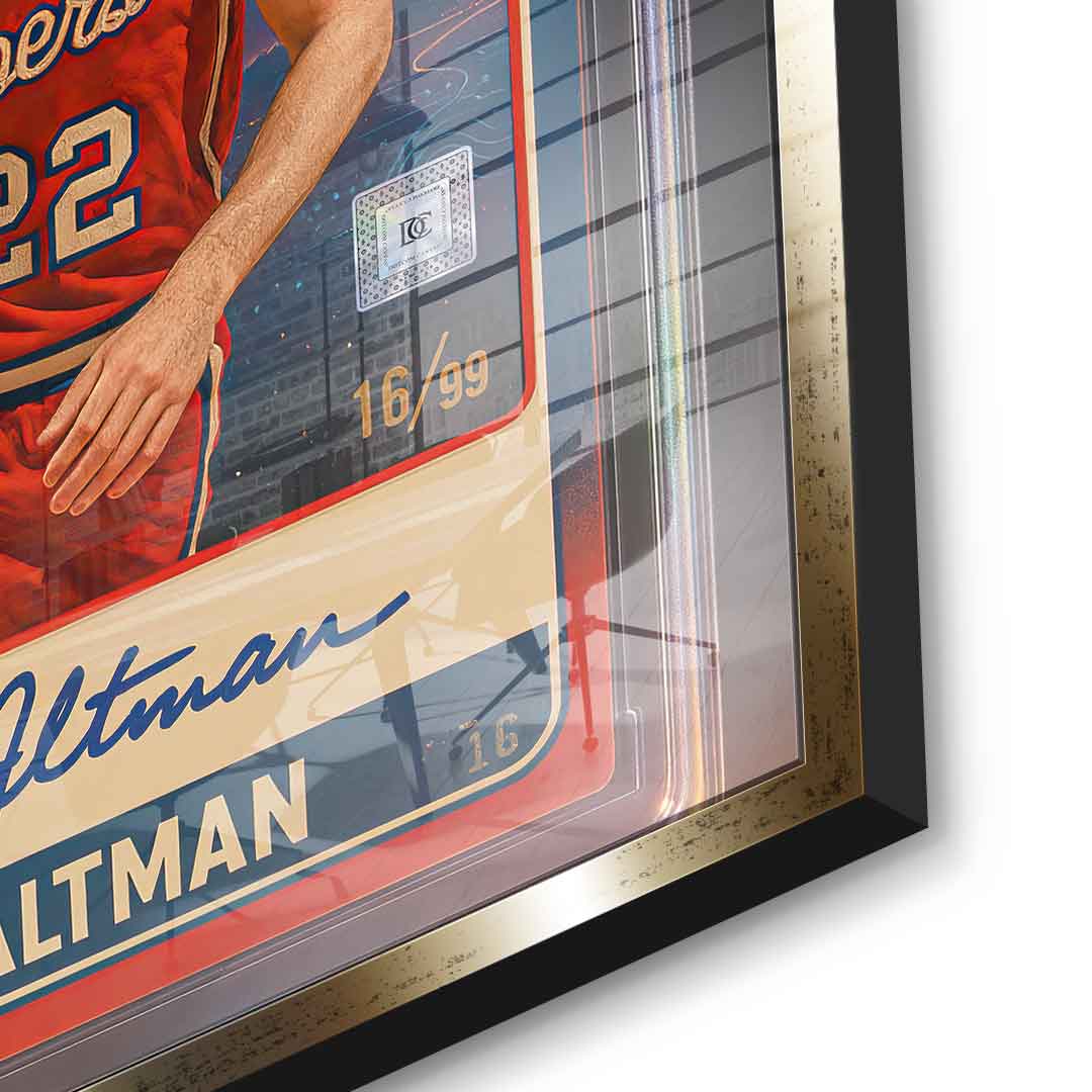 DOTCOMCANVAS Sam Altman Basketball Card Acrylglasbild Detailaufnahme mit Gold-Rahmen