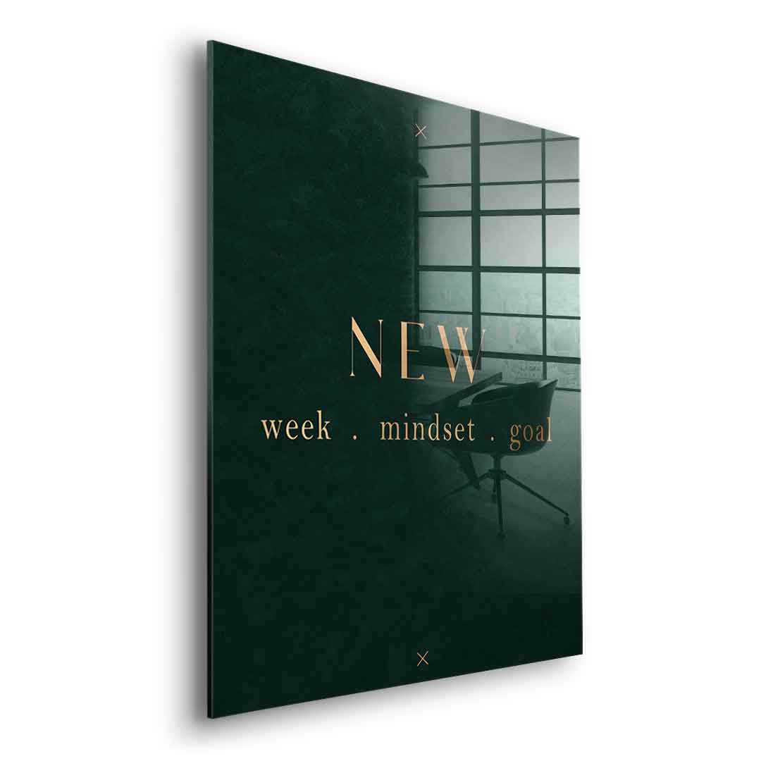 DOTCOMCANVAS NEW week, mindset, goal – motivierendes Typografie-Wandbild, goldene Serifen-Schrift auf dunkelgrünem Hintergrund – Acrylglasbild Ansicht 6