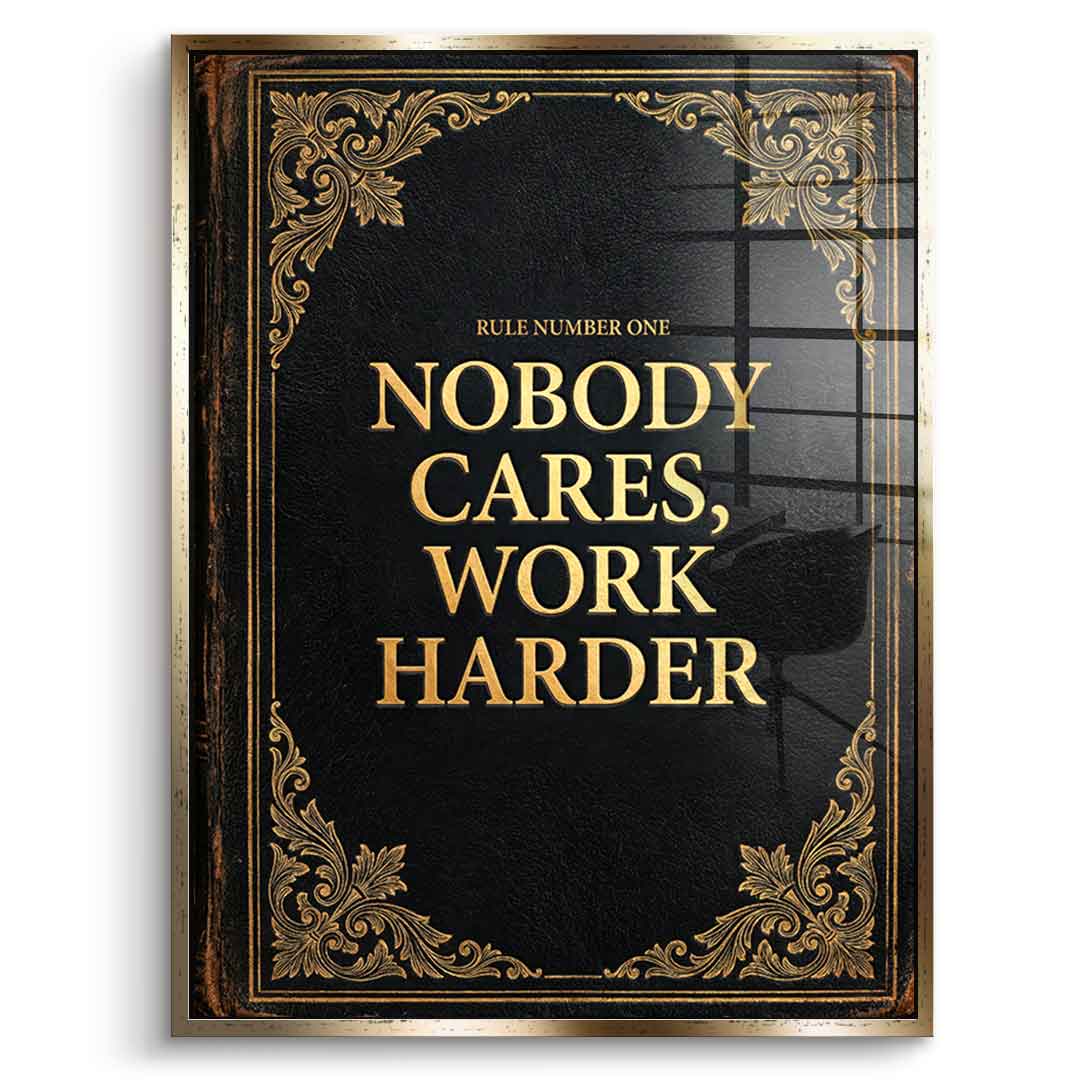 DOTCOMCANVAS® Nobody cares. Work harder Acrylglasbild – Vorderansicht goldener Rahmen
