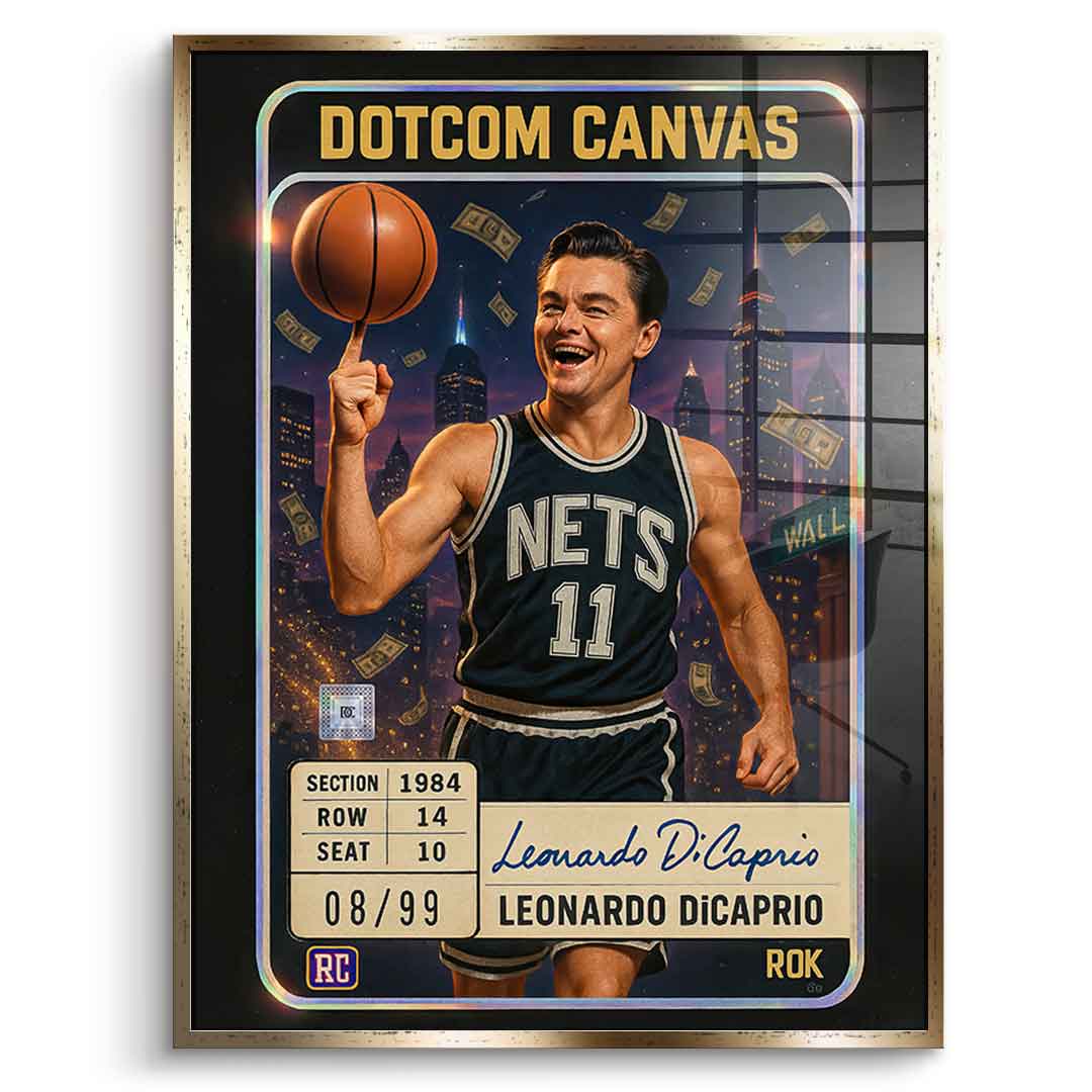 DOTCOMCANVAS Leo Dicaprio Basketball Card Acrylglasbild Vorderansicht Goldener Rahmen