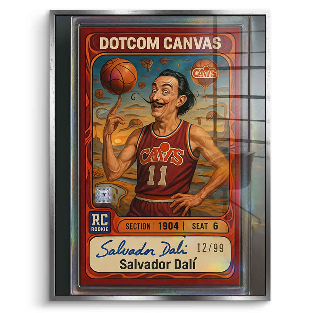 DOTCOMCANVAS® Salvador Dali Basketball Card Acrylglasbild – Frontansicht mit silbernem Premium-Rahmen
