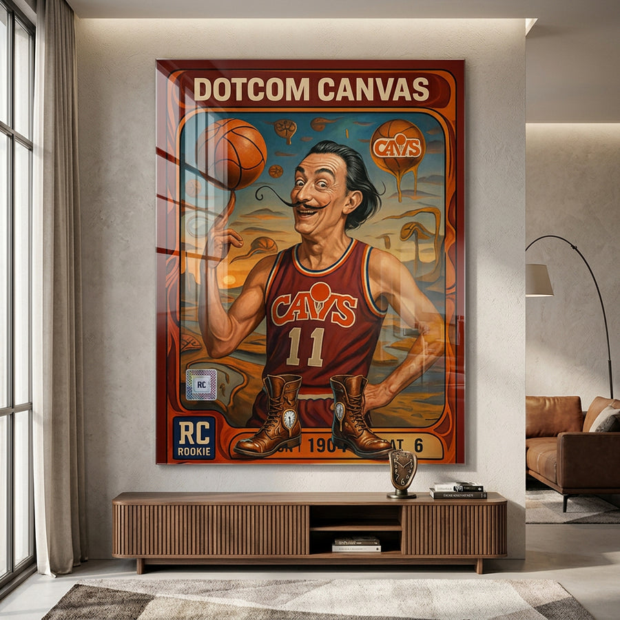 DOTCOMCANVAS® Salvador Dali Basketball Card Acrylglasbild – Raum-Mockup im Wohnambiente