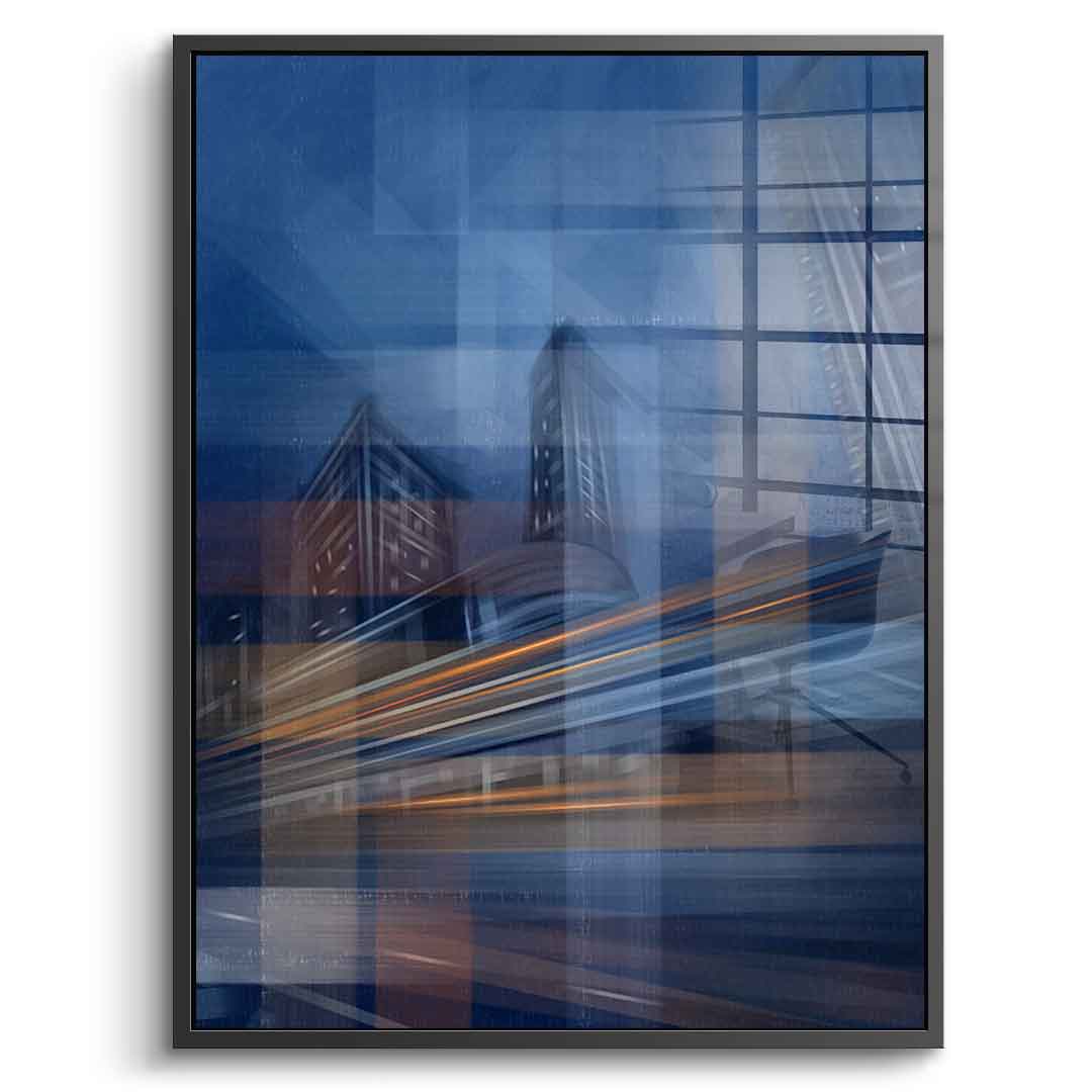 Moving City Glass - Acrylglasbild Schwarzer Rahmen