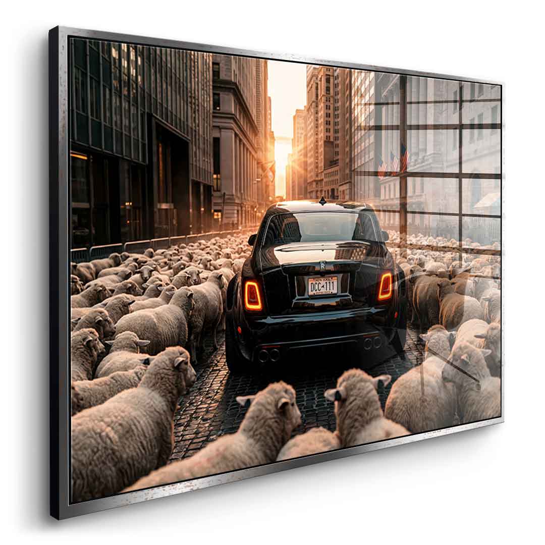 DOTCOMCANVAS Rolls Roys & Sheeps Acrylglasbild Seitenansicht goldener Rahmen