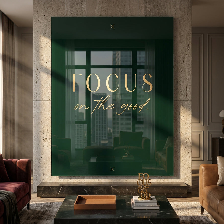 DOTCOMCANVAS FOCUS Acrylglasbild – Raum-Mockup im Wohnzimmer, motivierendes Typografie-Wandbild