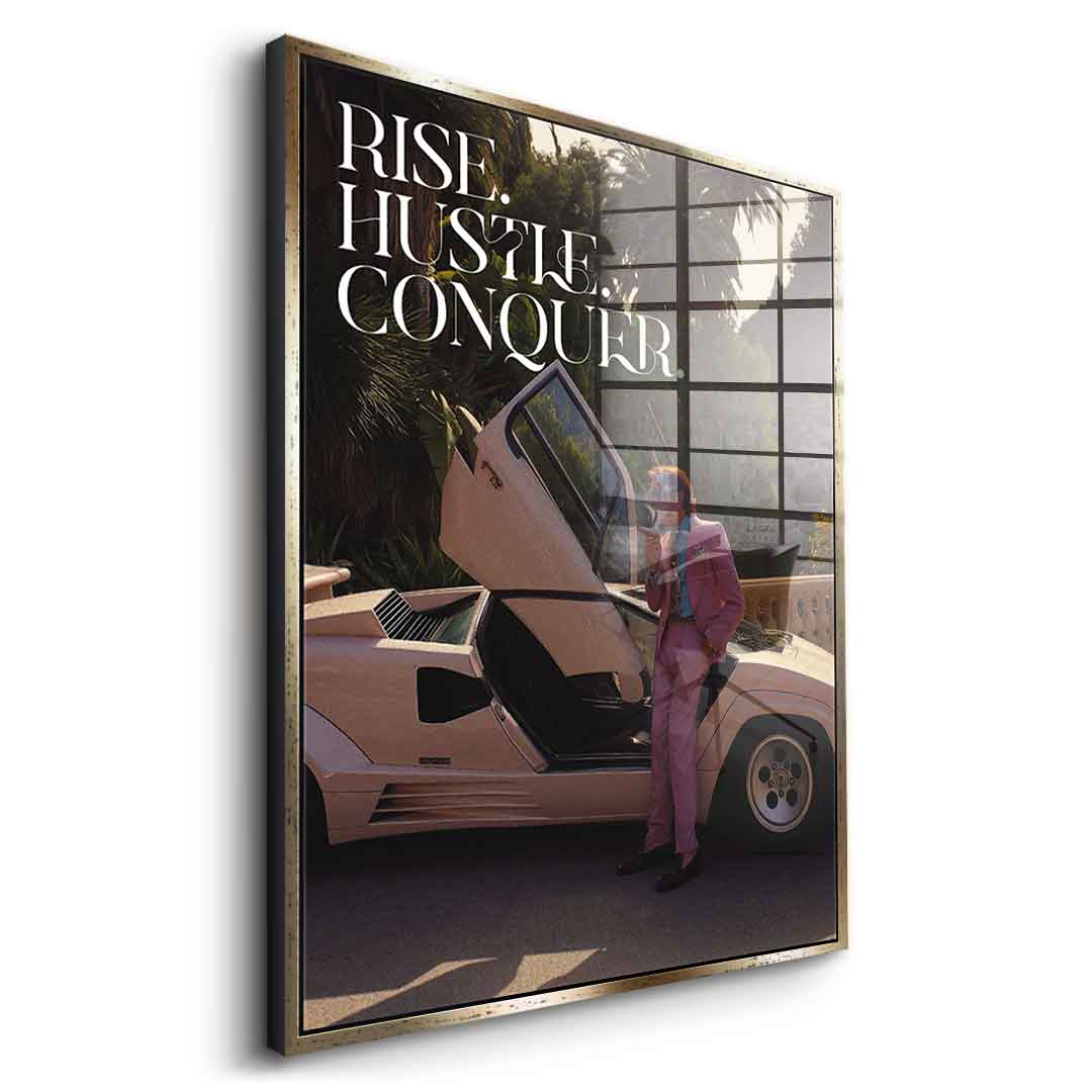 DOTCOMCANVAS Rise. Hustle. Conquer. Acrylglasbild Silberner Rahmen Seitenansicht