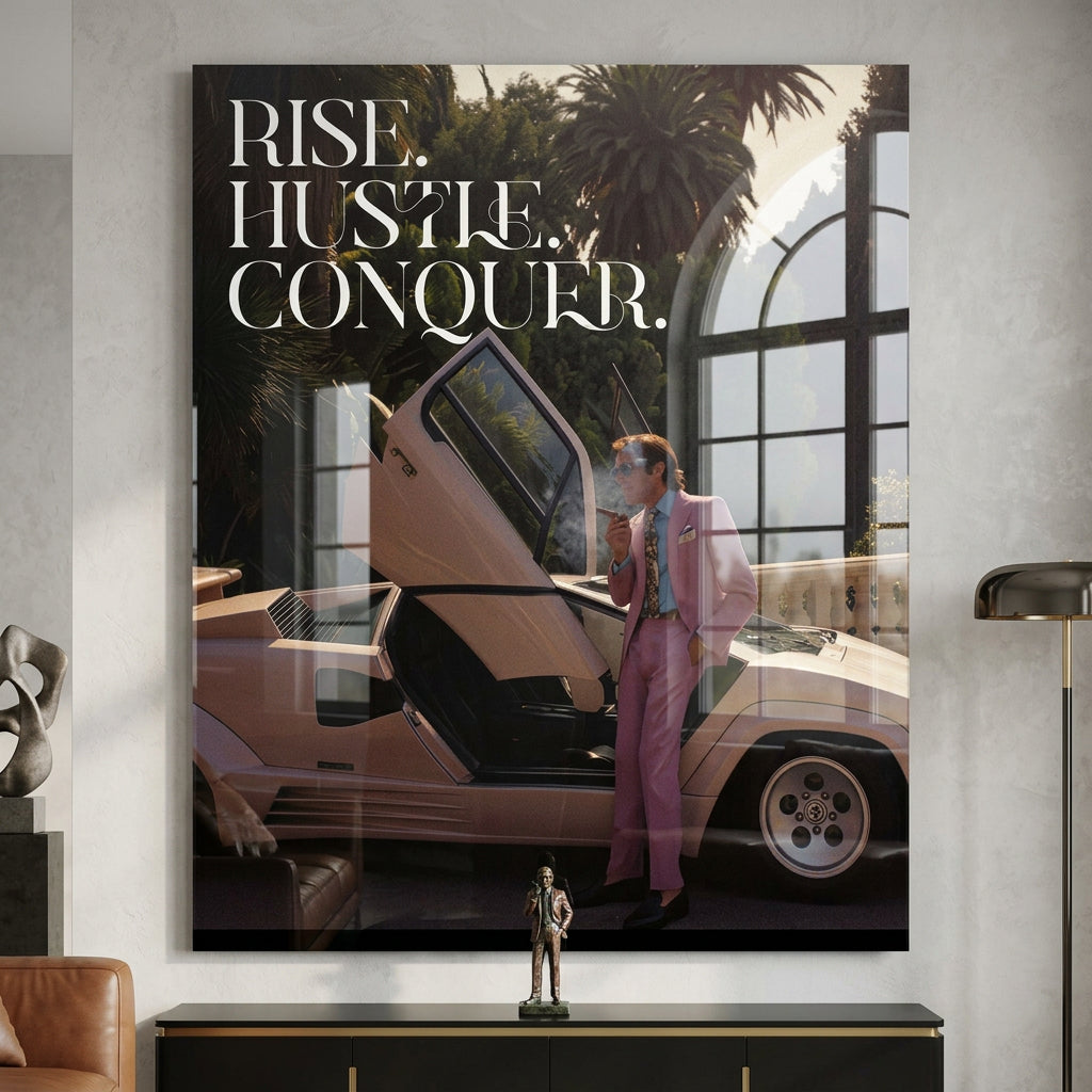 DOTCOMCANVAS Rise. Hustle. Conquer. Acrylglasbild Raum Mockup