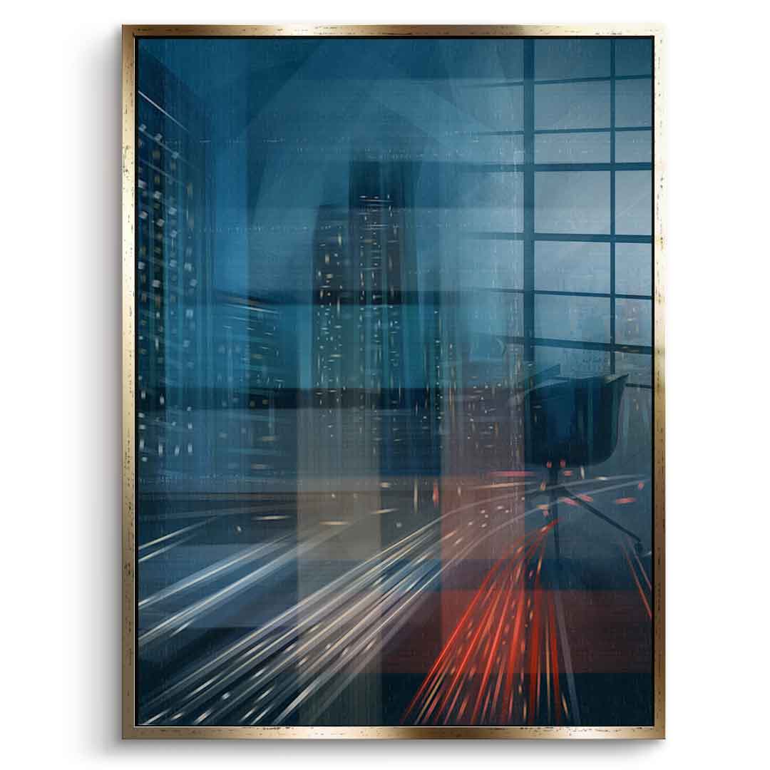 Night City with Speed - Acrylglasbild Goldener Rahmen