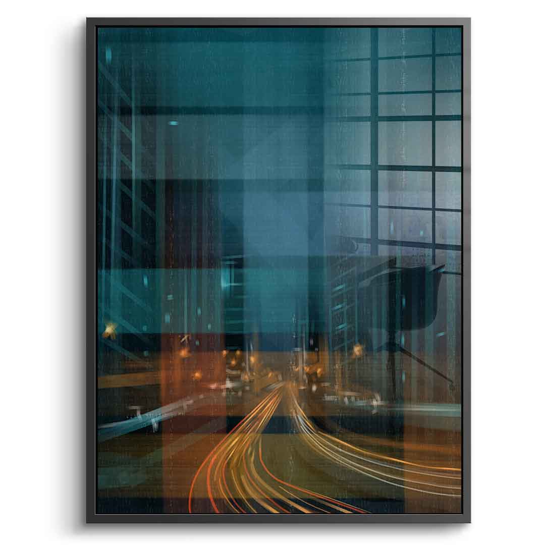 City in the Rhythm of Light Acrylglasbild Vorderansicht schwarzer Rahmen