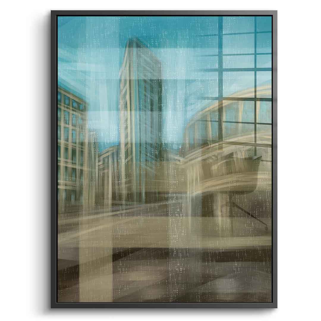 City in the Embrace of Golden Mist Acrylglasbild Vorderansicht schwarzer Rahmen