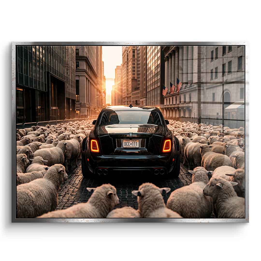 DOTCOMCANVAS Rolls Roys & Sheeps Acrylglasbild Frontansicht goldener Rahmen
