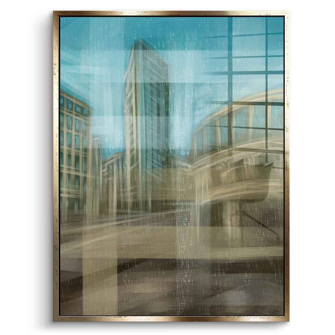 City in the Embrace of Golden Mist Acrylglasbild Vorderansicht goldener Rahmen