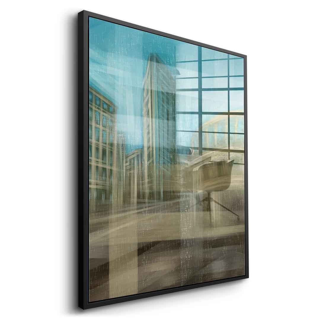City in the Embrace of Golden Mist Acrylglasbild Seitenansicht schwarzer Rahmen