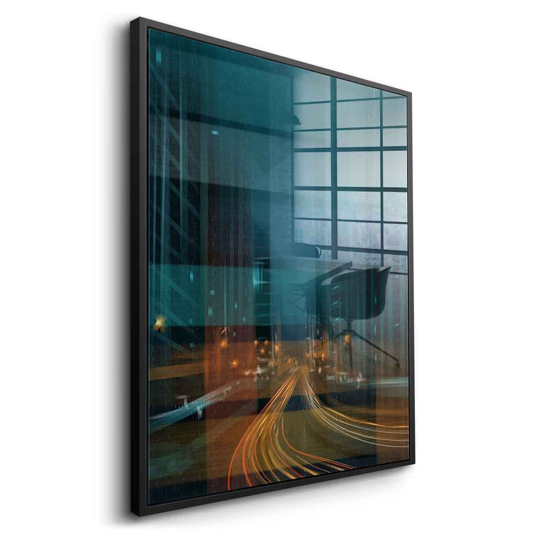 City in the Rhythm of Light Acrylglasbild Seitenansicht schwarzer Rahmen