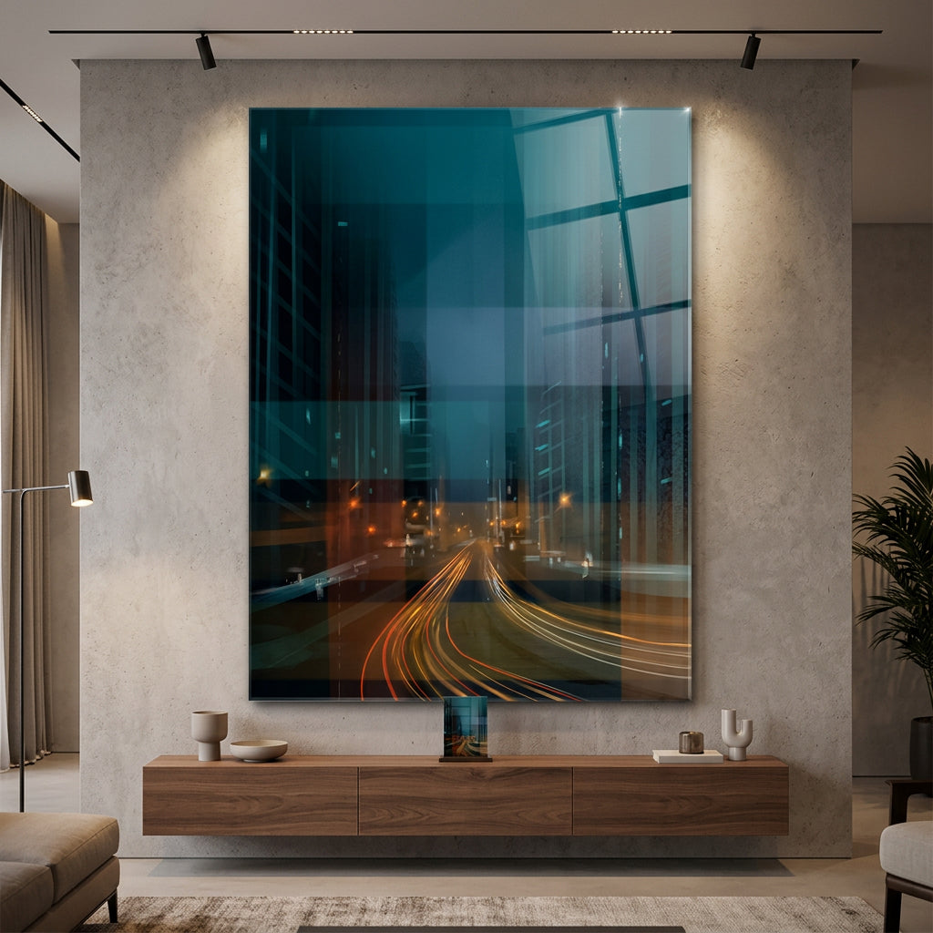 City in the Rhythm of Light Acrylglasbild im Raum