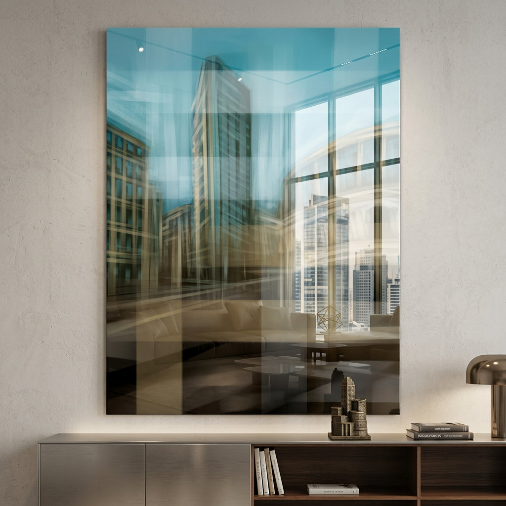 City in the Embrace of Golden Mist Acrylglasbild im Raum