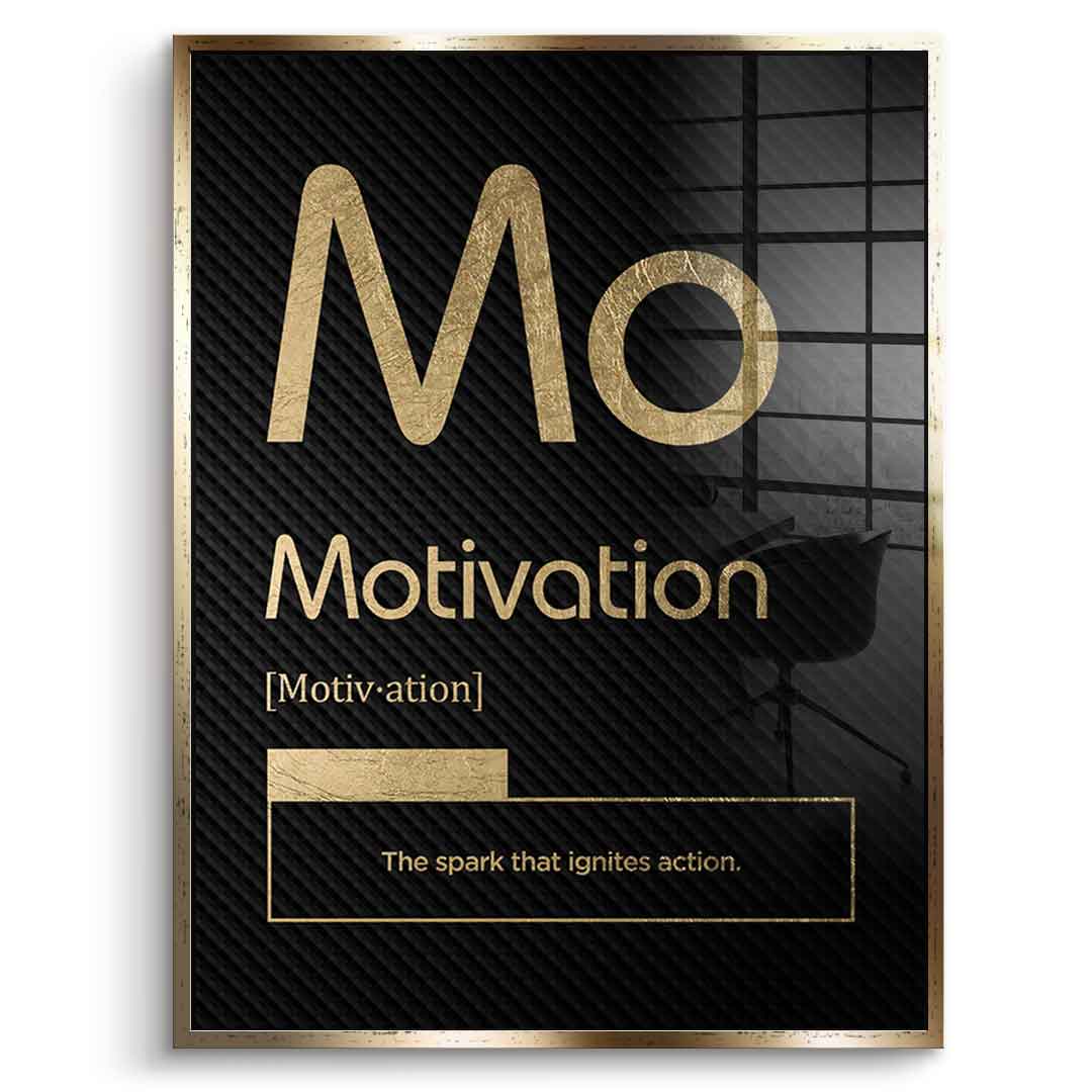 DOTCOMCANVAS® Motivation (Mo) Acrylglasbild Version Schwarz – Vorderansicht Silberner Rahmen