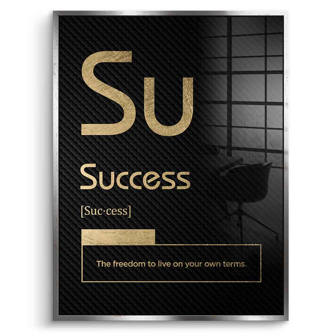 DOTCOMCANVAS® Success (Su) Acrylglasbild Version Schwarz – Vorderansicht Weißer Rahmen