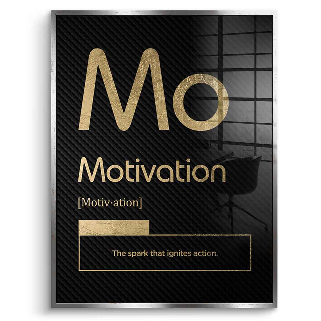 DOTCOMCANVAS® Motivation (Mo) Acrylglasbild Version Schwarz – Vorderansicht Weißer Rahmen