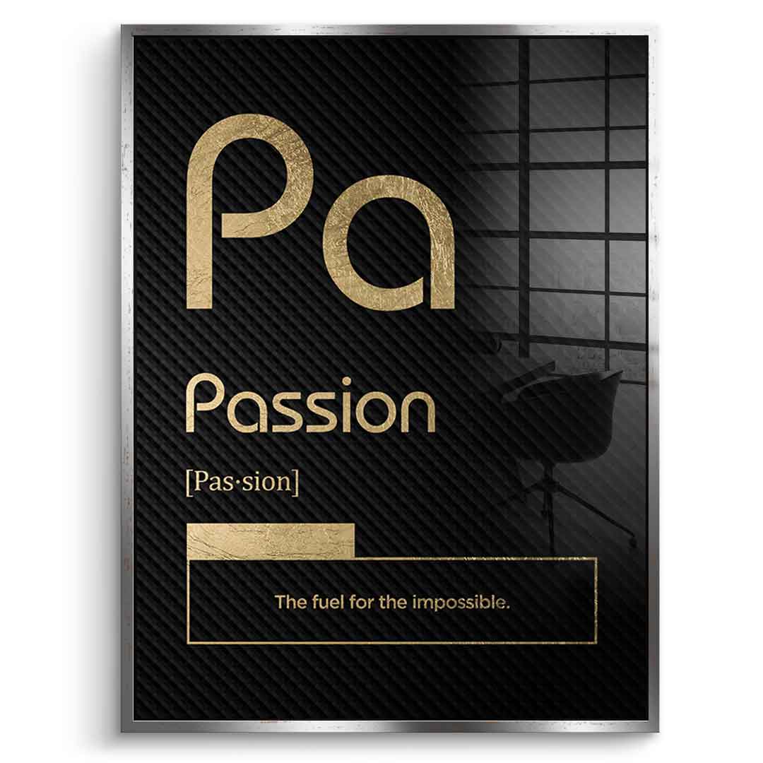 DOTCOMCANVAS® Passion (Pa) Acrylglasbild Version Schwarz – Vorderansicht Weißer Rahmen