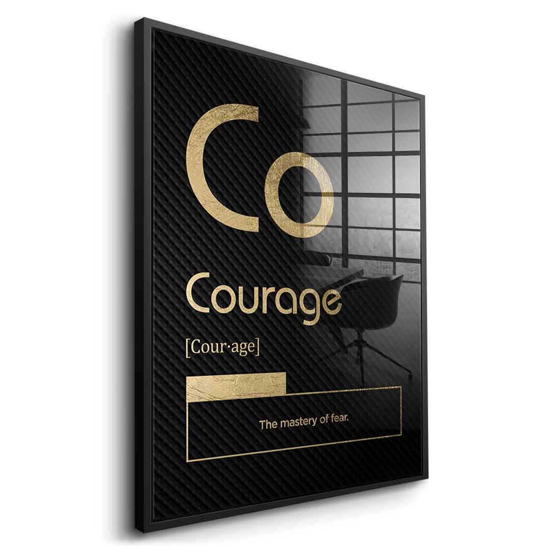 DOTCOMCANVAS® Courage (Co) Acrylglasbild Version Schwarz – Vorderansicht Goldener Rahmen