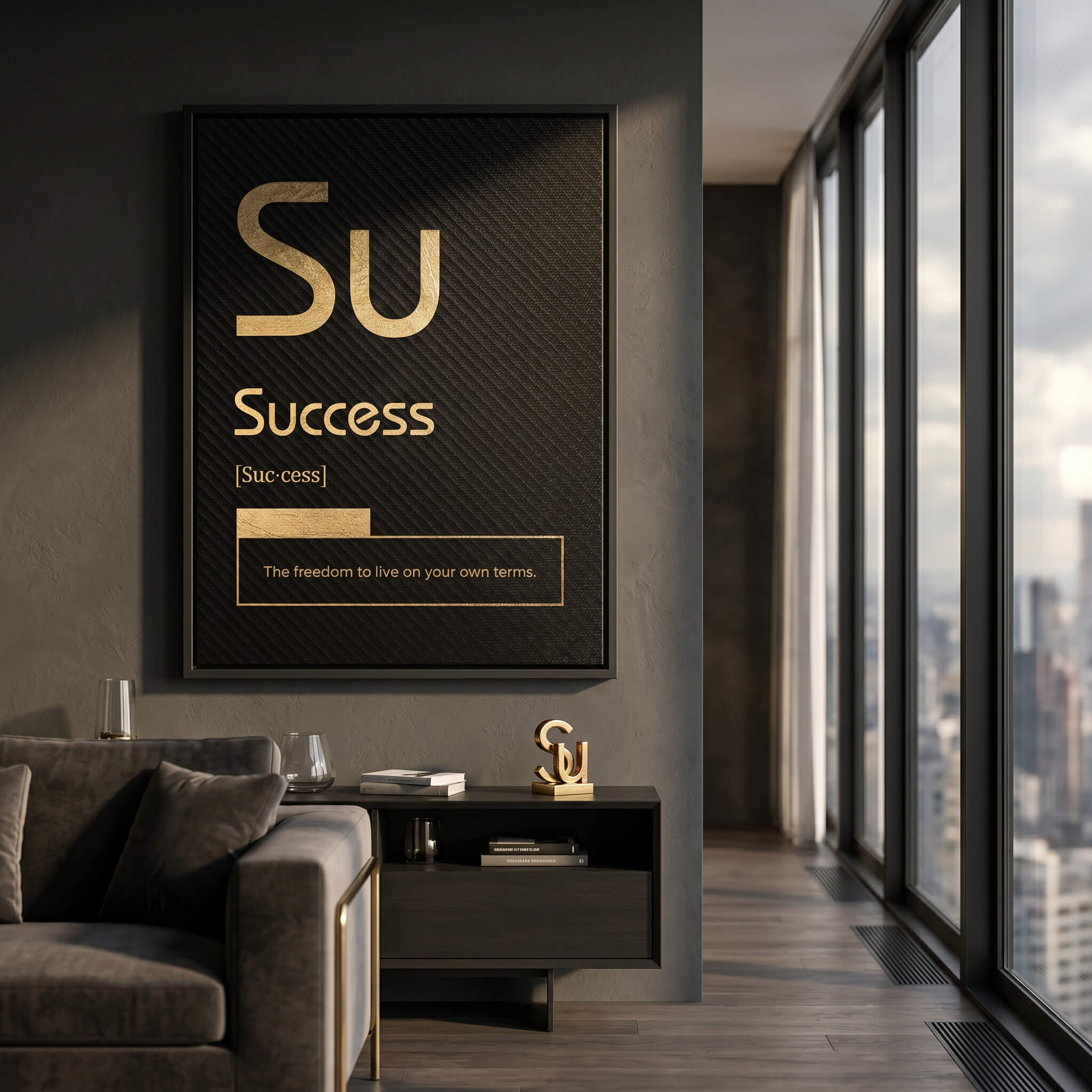 DOTCOMCANVAS® Success (Su) Leinwandbild Version Schwarz – Raum-Mockup