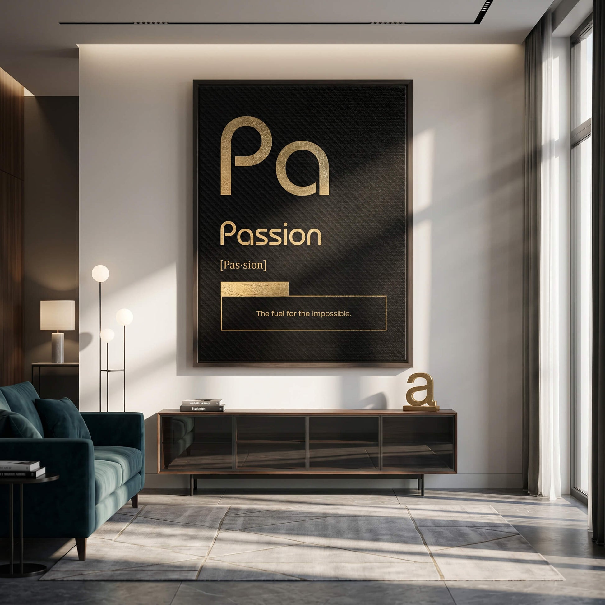 DOTCOMCANVAS® Passion (Pa) Leinwandbild Version Schwarz – Raum-Mockup