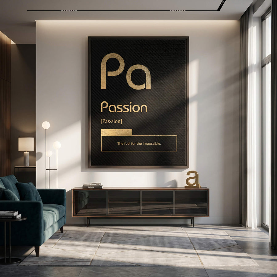 DOTCOMCANVAS® Passion (Pa) Leinwandbild Version Schwarz – Raum-Mockup