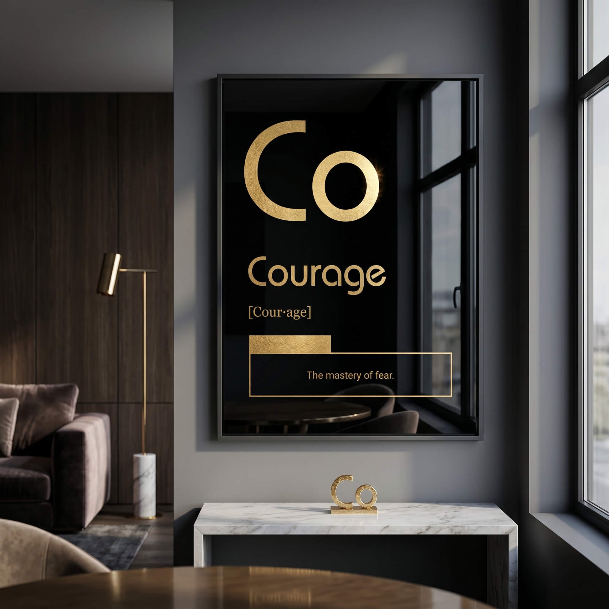 DOTCOMCANVAS® Courage (Co) Acrylglasbild Version Schwarz – Raum-Mockup