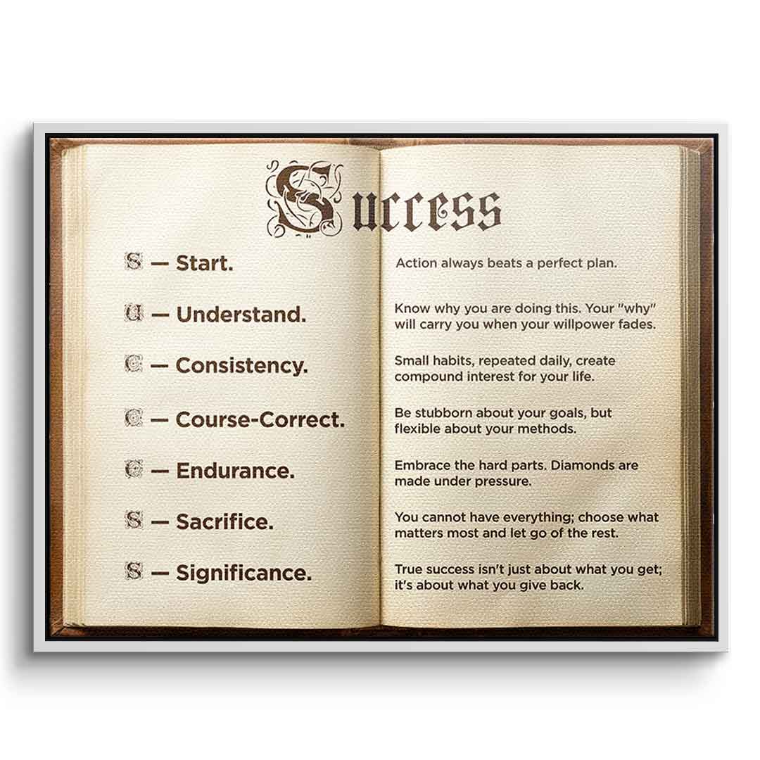 DOTCOMCANVAS® Success book Leinwandbild – Vorderansicht weißer Rahmen
