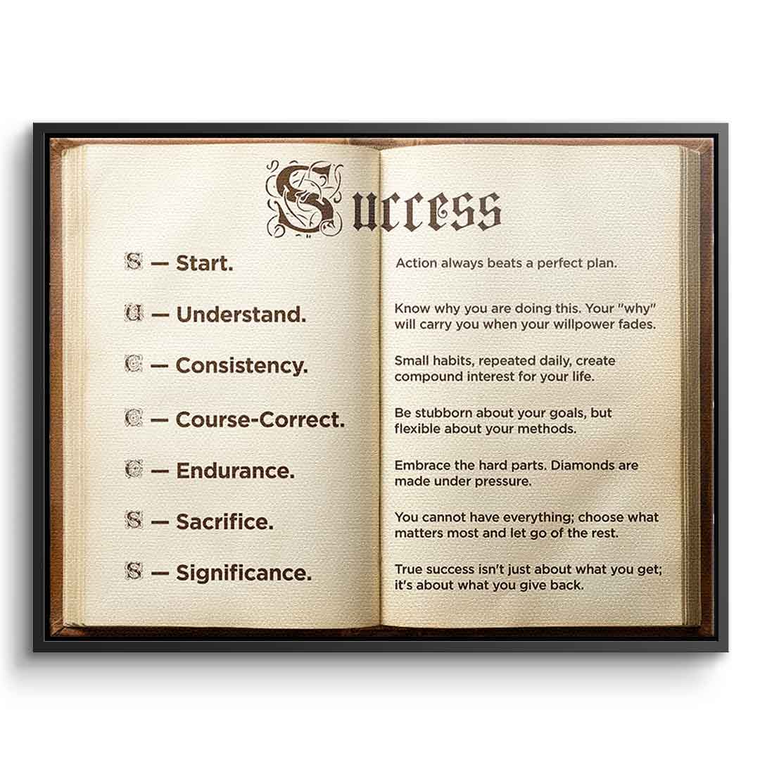 DOTCOMCANVAS® Success book Leinwandbild – Vorderansicht silberner Rahmen